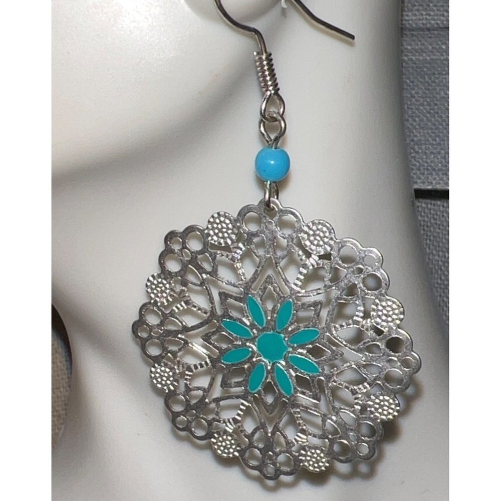 Native Enamel Flower Disc Dangle Silver Earring